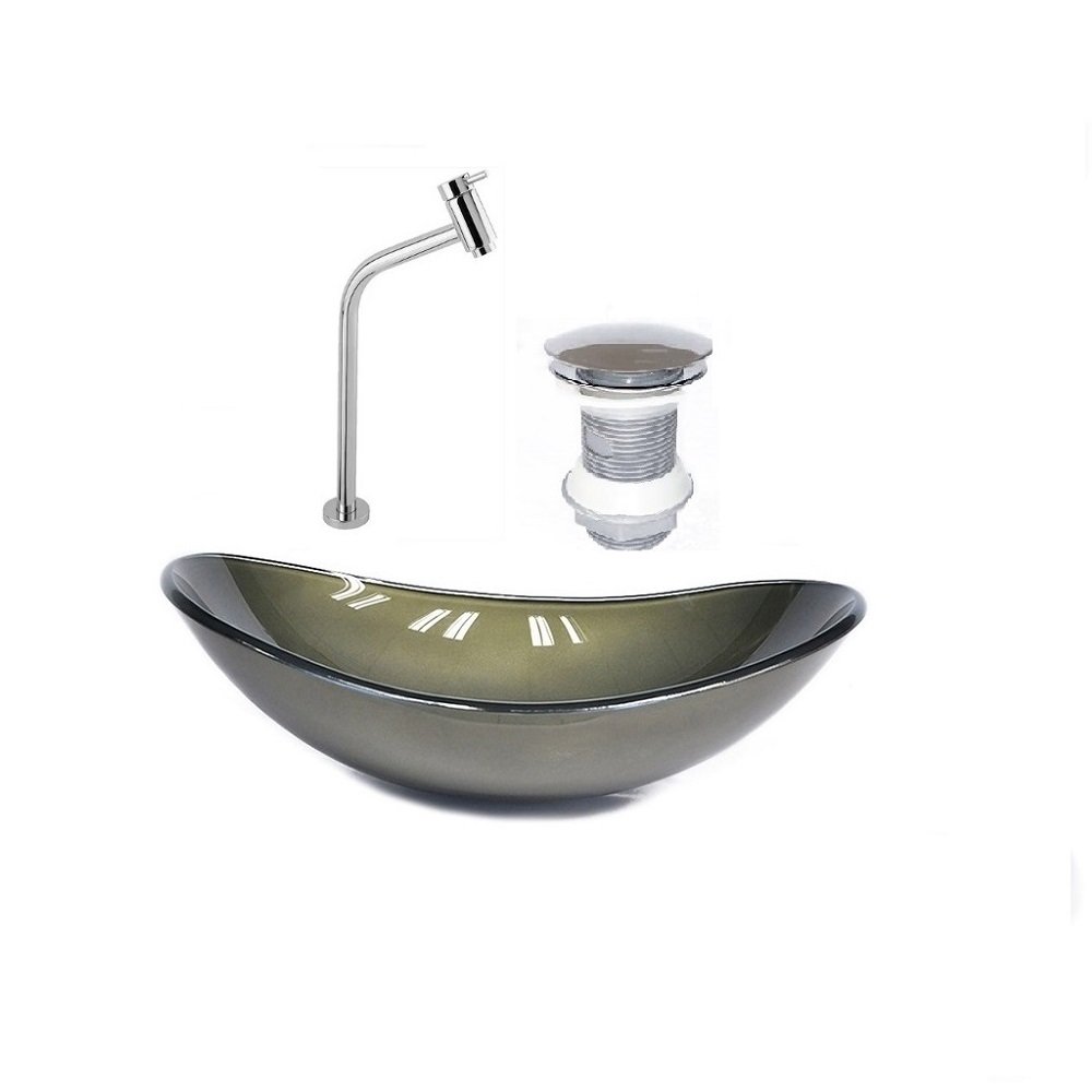 Cuba de vidro oval 47cm ouro envelhecido + válvula click + torneira de metal