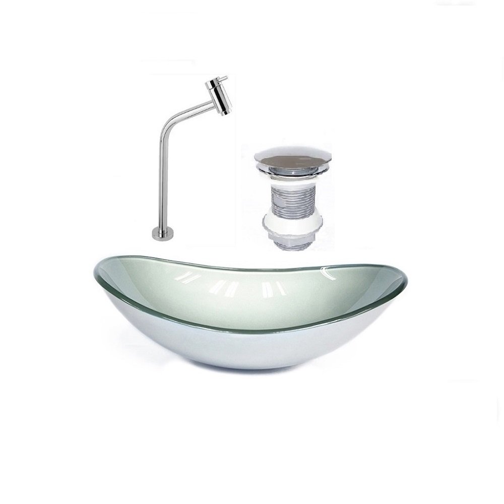 Cuba de vidro oval 47cm prata + válvula click + torneira de metal