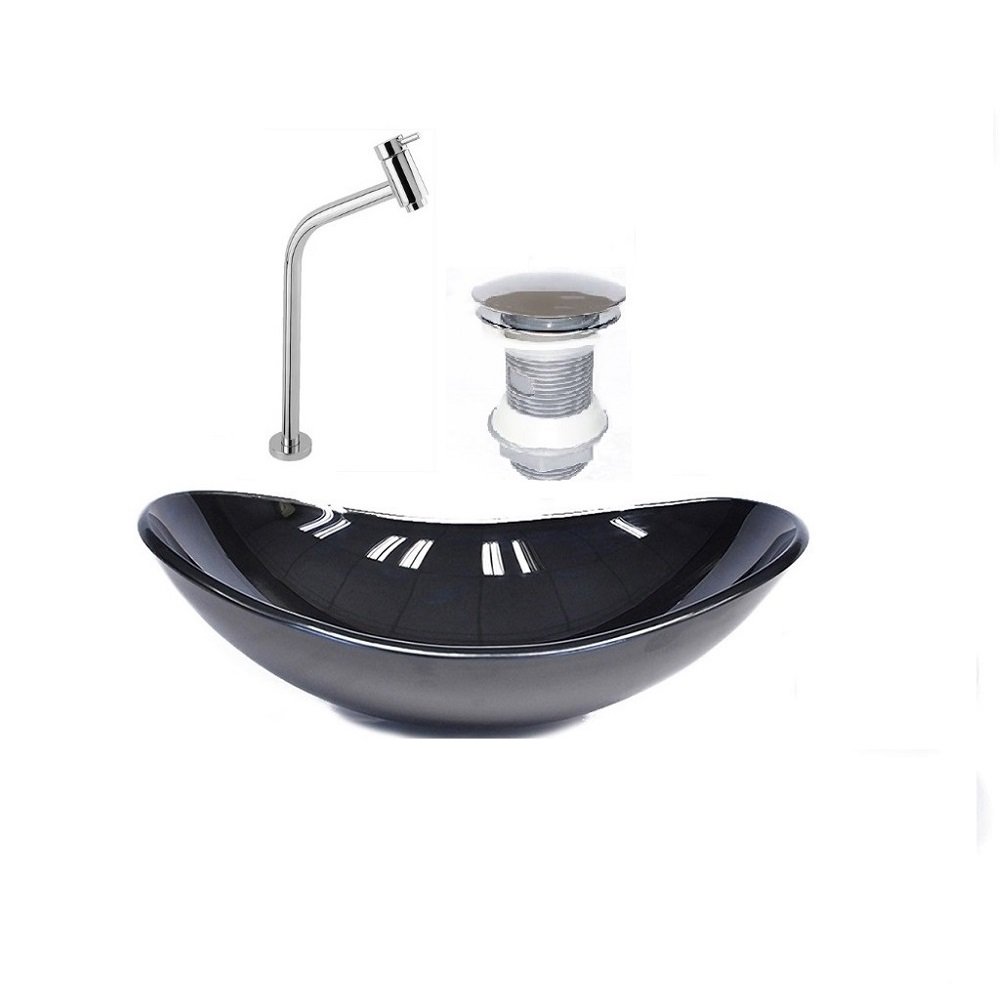 Cuba de vidro oval 47cm preta + válvula click + torneira de metal