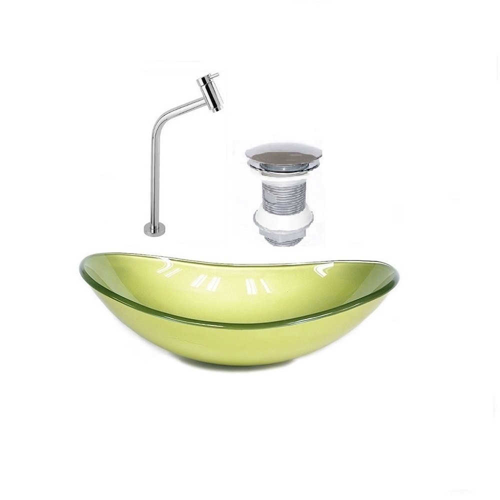 Cuba de vidro oval 47cm verde oliva + válvula click + torneira de metal