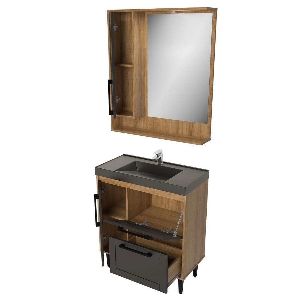 Gabinete Banheiro com Cuba e Espelheira 80cm Multimoveis CR10064 Mel/Grafite
