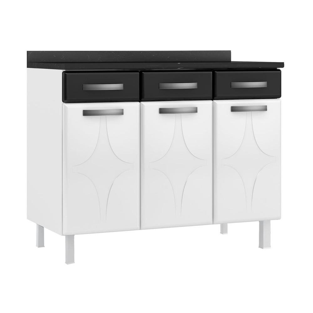 Balcao de Cozinha de Aco Triplo 105cm com Tampo Amanda Multimoveis CR6056 Branco/Preto
