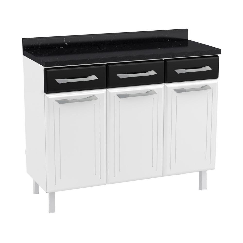 Balcao de Cozinha de Aco Triplo com Tampo Rose Multimoveis CR6091 Branco/Preto