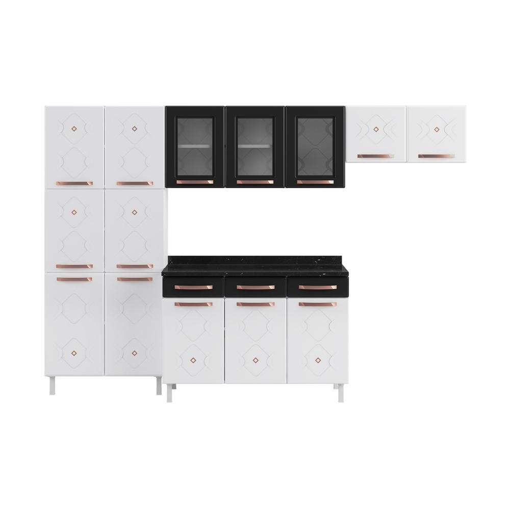 Armario de Cozinha de Aco Completa com Balcao Regina Multimoveis Glass CR6140 Branco/Preto