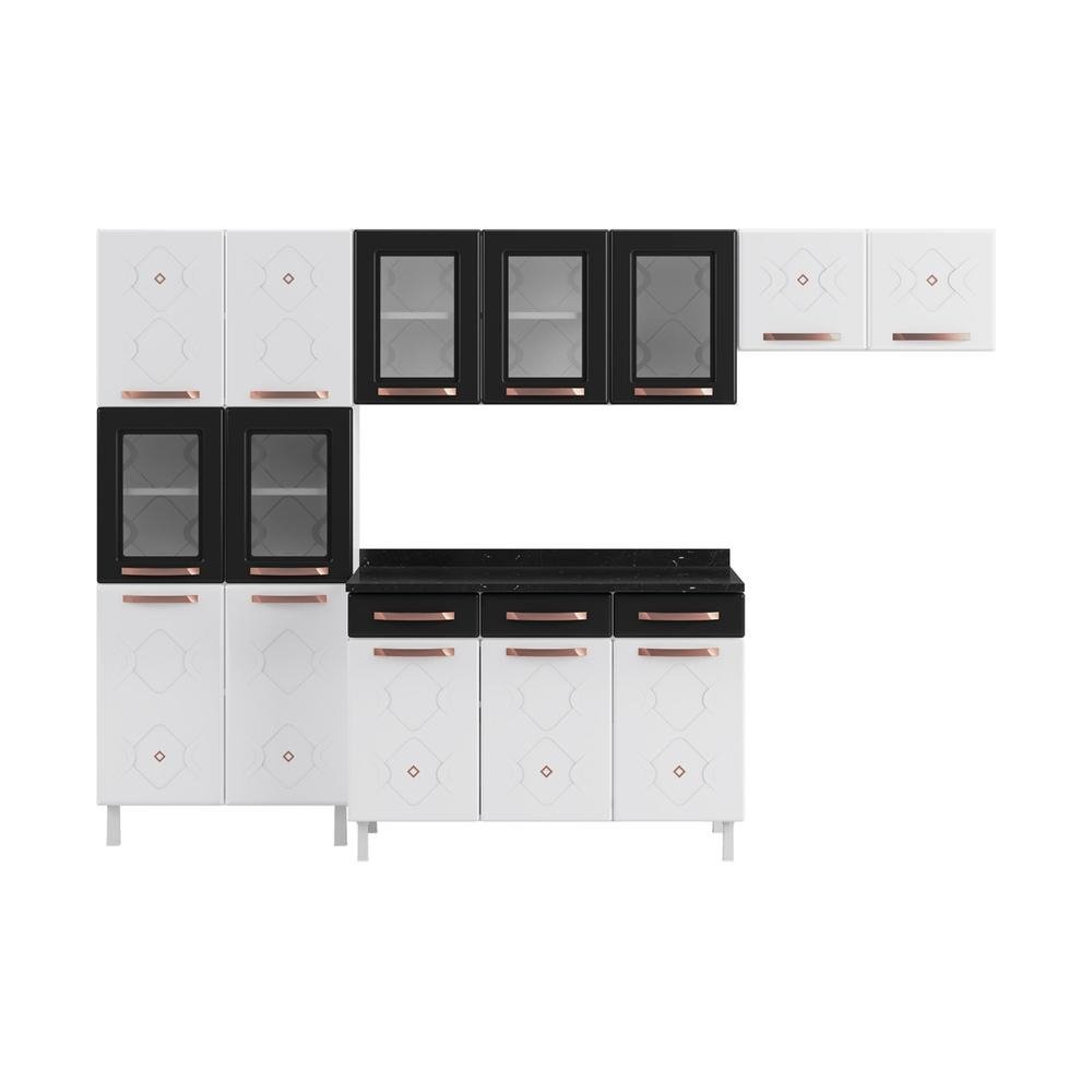 Armario de Cozinha de Aco Completa com Balcao Regina Multimoveis Glass CR6142 Branco/Preto
