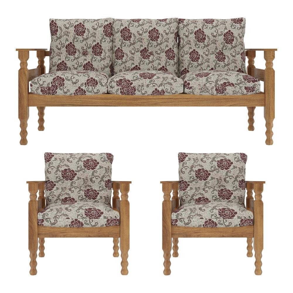Jogo Sofa Madeira Macica 3 Lugares e 2 Poltronas Liz Multimoveis CR7001.T65 Imbuia/Floral