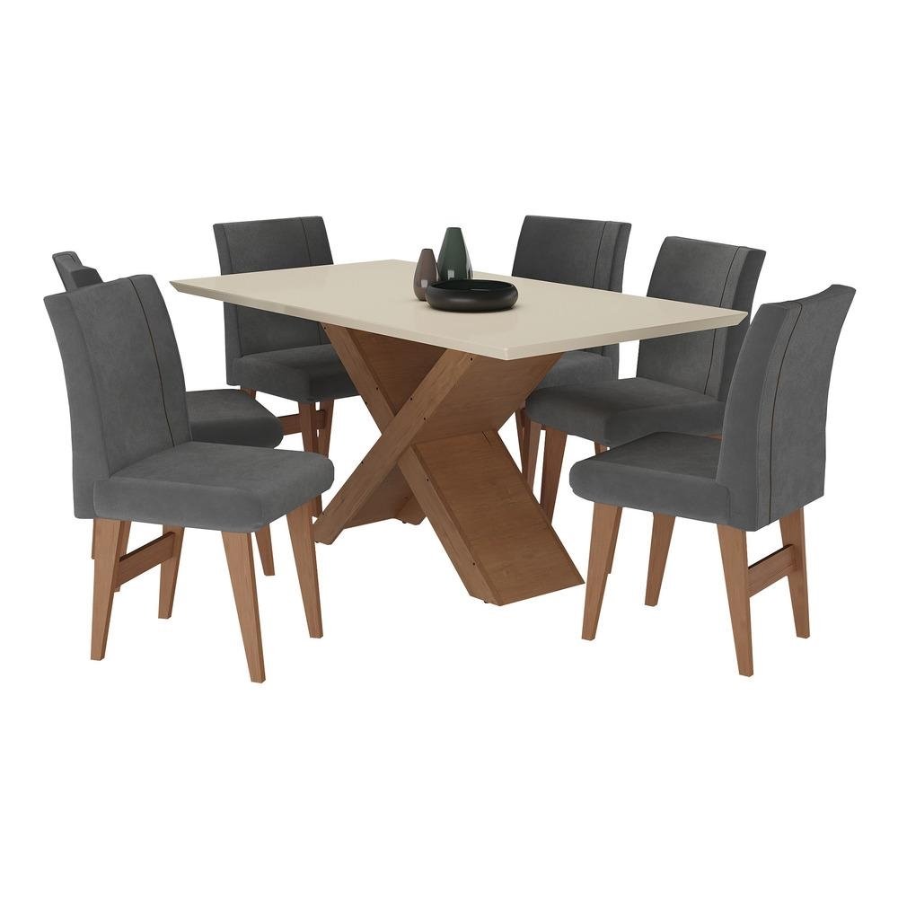 Conjunto Mesa de Jantar 160 cm com 6 cadeiras Lisboa Multimoveis EX1008 Madeirado/Off Whit