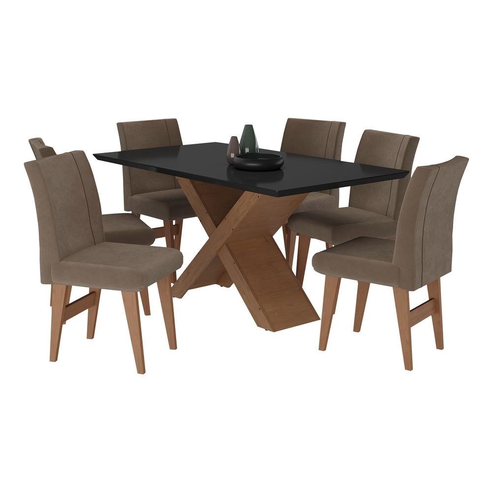 Conjunto Mesa de Jantar 160 cm com 6 cadeiras Lisboa Multimoveis EX1008 Madeirado/Preto/Ca
