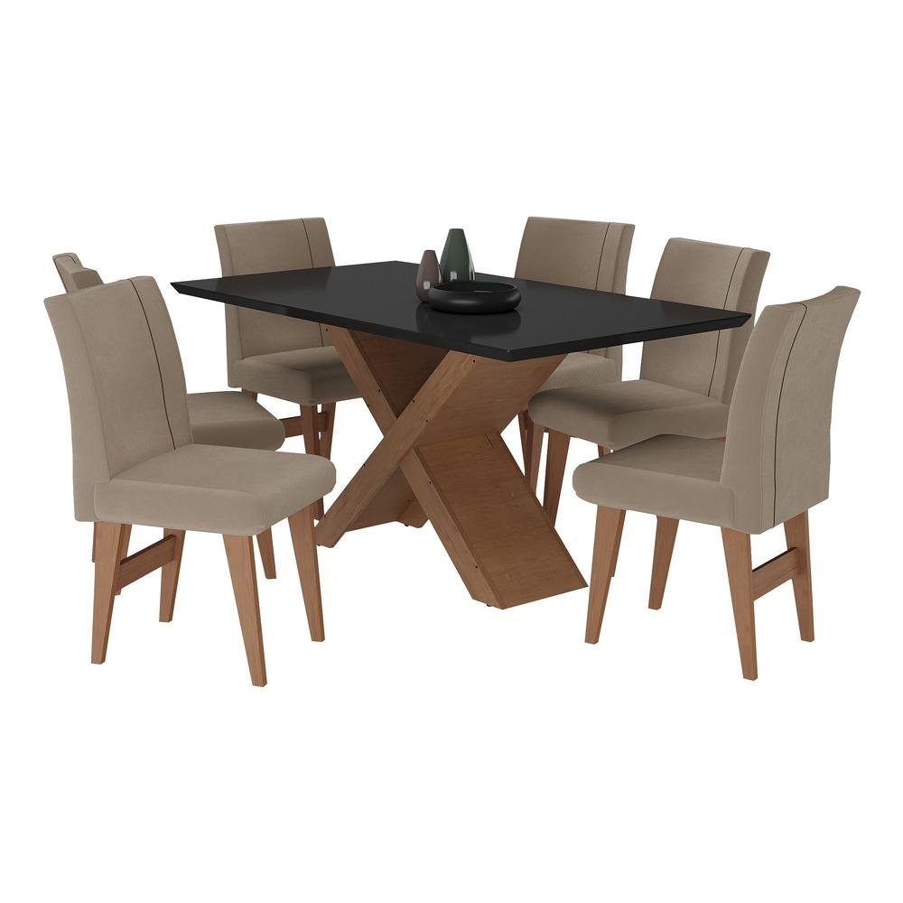 Conjunto Mesa de Jantar 160 cm com 6 cadeiras Lisboa Multimoveis EX1008 Madeirado/Preto/Ma