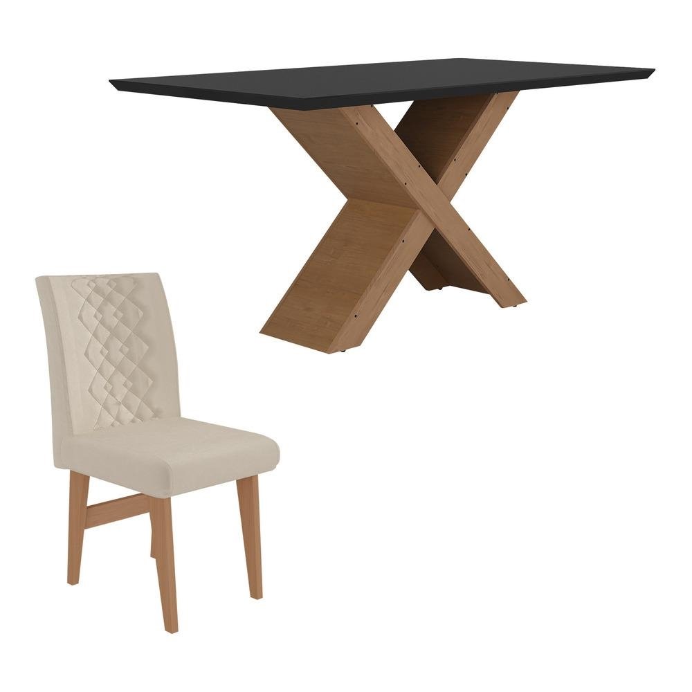 Conjunto Mesa de Jantar 160 cm com 6 cadeiras Moscou Multimoveis EX1009 Madeirado/Preto/Be