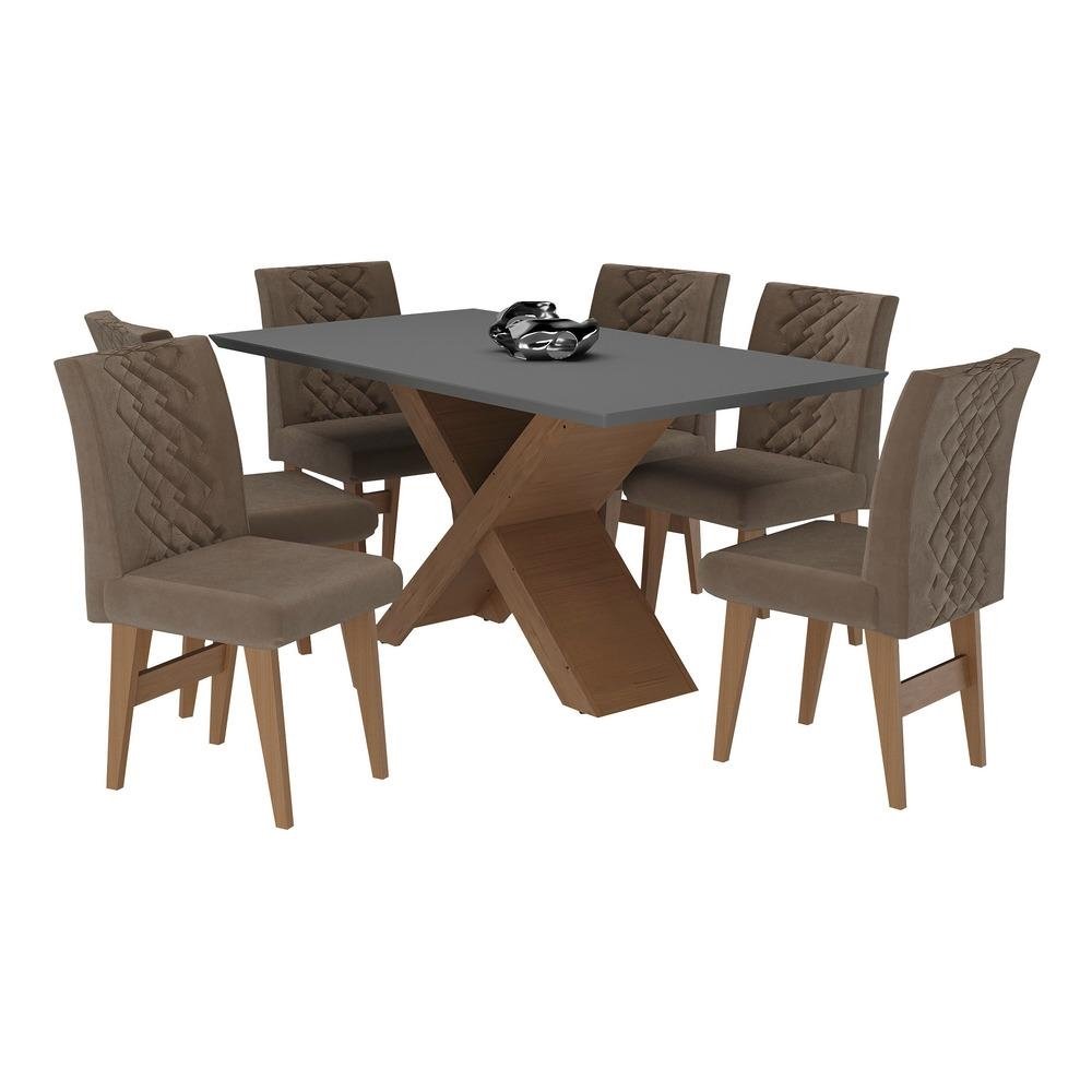 Conjunto Mesa de Jantar 160 cm com 6 cadeiras Moscou Multimoveis EX1009 Madeirado/Grafite/