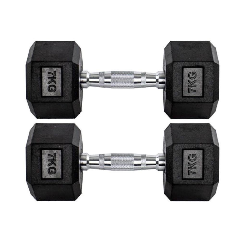 Par Halteres 7kg + 7kg Dumbbell Sextavado Emborrachado Pegada Cromada Gallant (GDB07F3B-PT