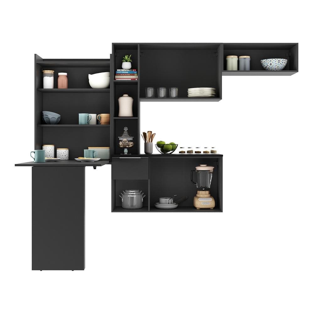 Armario de Cozinha Compacta Multimoveis Sofia FG2007 com Mesa Dobravel Preta