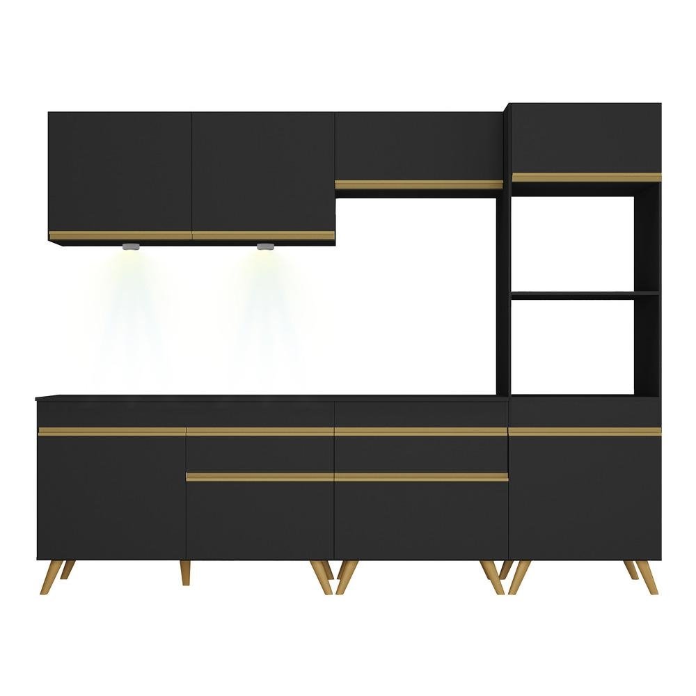 Armario de Cozinha Completa Multimoveis Veneza Up FG2035 com Leds e Balcao Preta