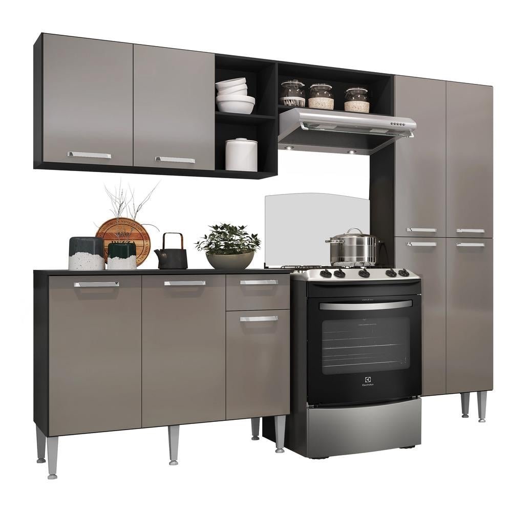 Cozinha Compacta Multimoveis Pequim Up FG2999 com Armario e Balcao Preta/Lacca Fume