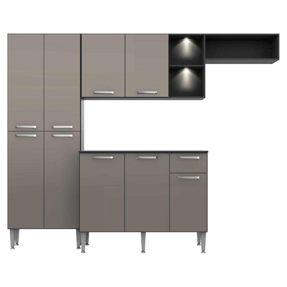 Armario de Cozinha Compacta Multimoveis Pequim FG3572 com 2 Leds e Balcao Preta/Lacca Fume