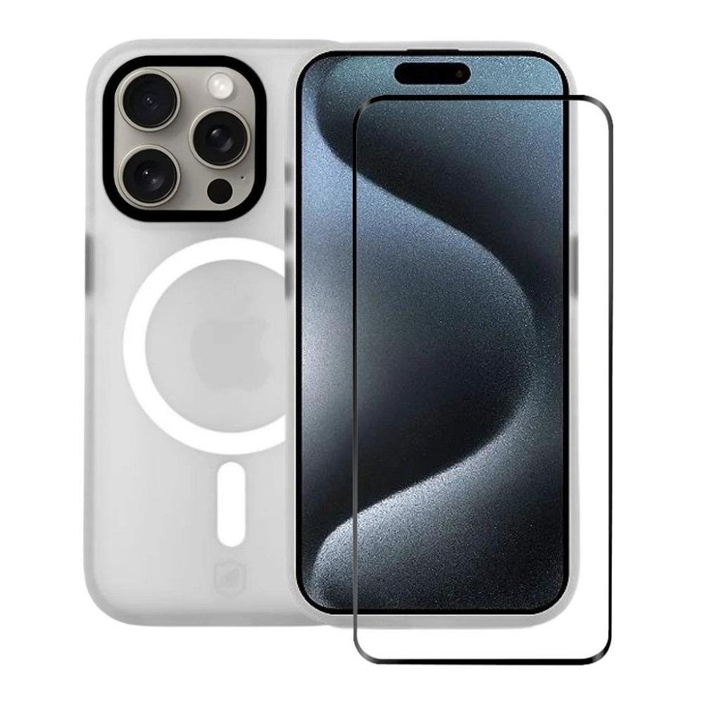Kit Capa Magsafe Pro Transparente e Pelicula Coverage 5D Pro Preta para iPhone 15 Pro - Gs