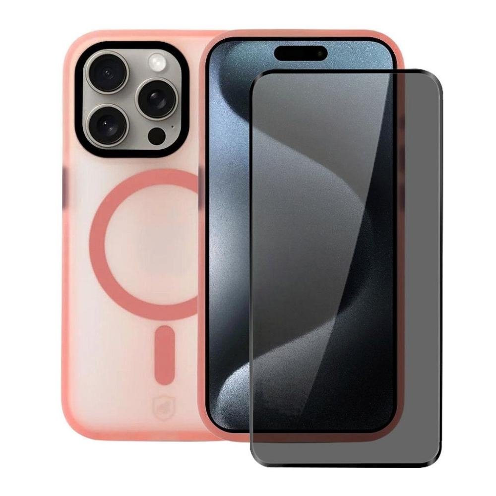 Kit Capa case capinha Magsafe Pro Rosa e Pelicula Defender Pro Privacidade para iPhone 15