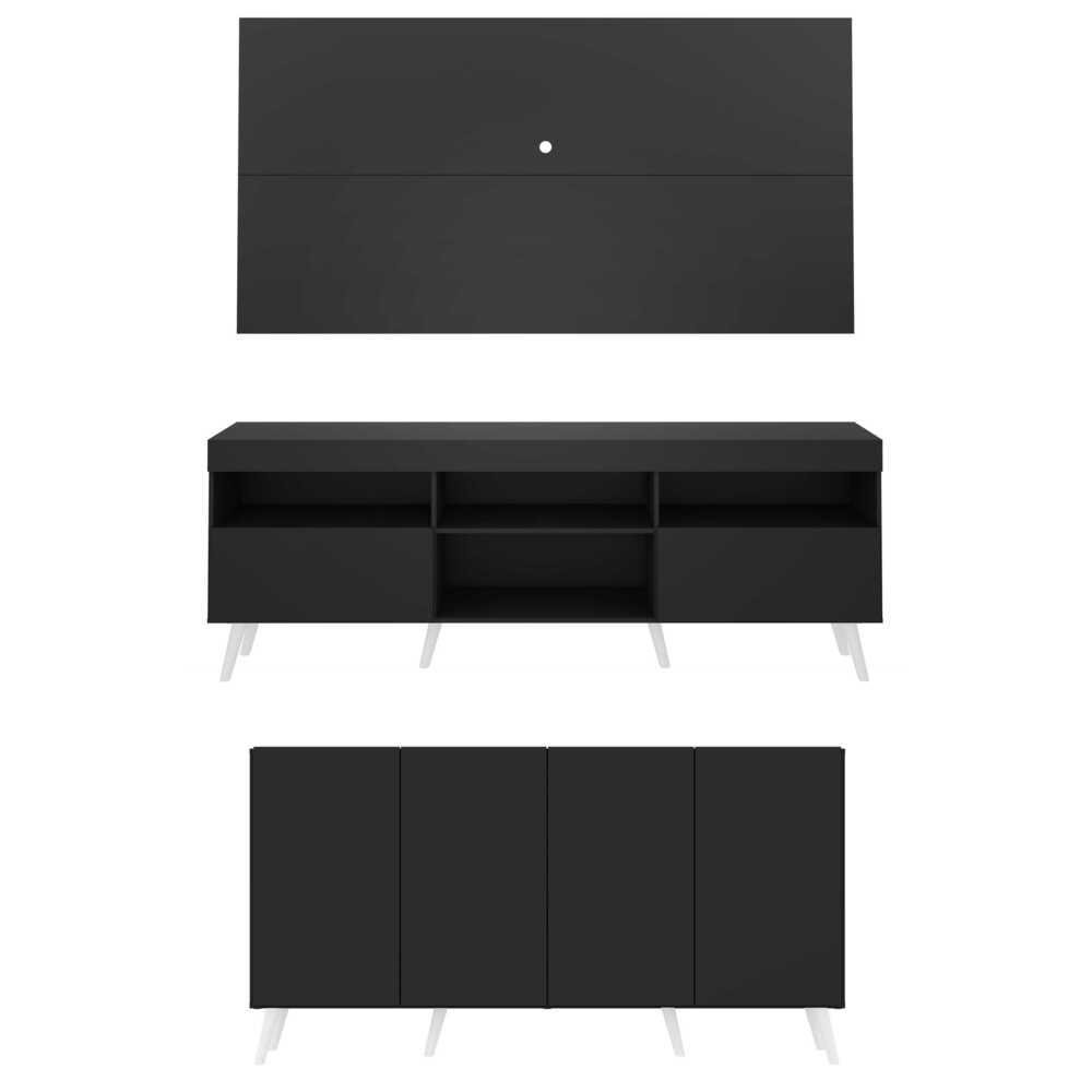 Conjunto Sala de Estar Rack + Painel TV 65" e Aparador Retro Sofia Multimoveis Preto/Branc