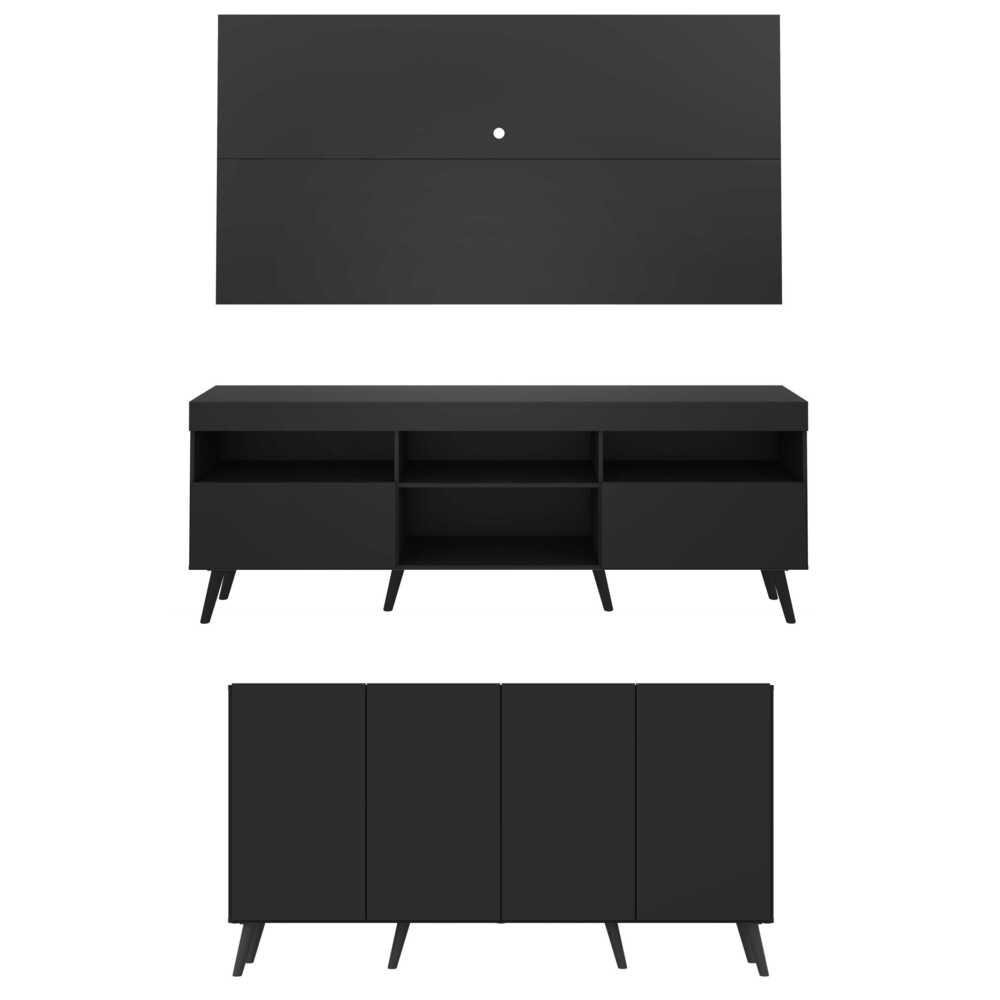 Conjunto Sala de Estar Rack + Painel TV 65" e Aparador Retro Sofia Multimoveis Preto