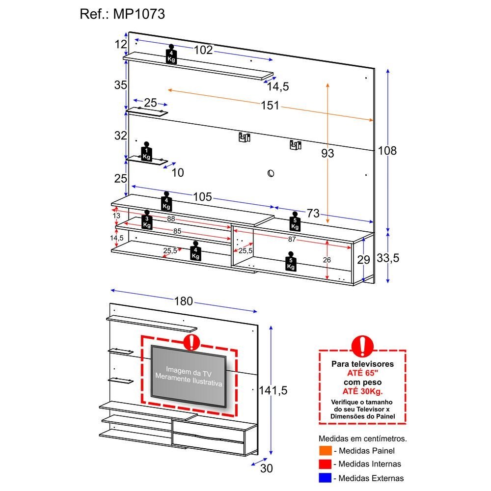 Painel com Suporte para TV ate 65 Polegadas 1 Porta e Prateleiras Multimoveis MP1073