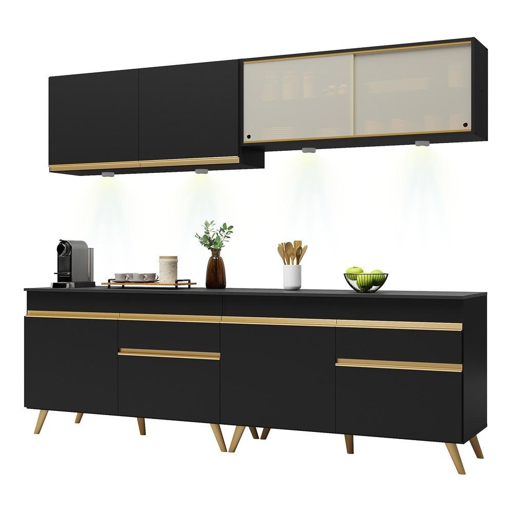 Armario de Cozinha Compacta 4 pecas com Leds MP2021 Veneza Up Multimoveis Preta