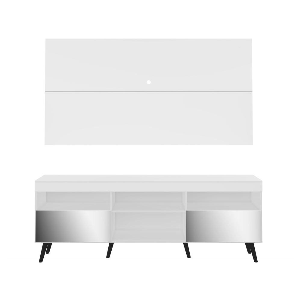 Rack c/ Painel P/TV 65", espelho e pes retro Florida Multimoveis Branco/Preto