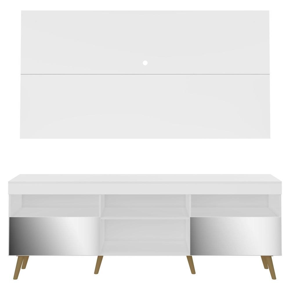 Rack c/ Painel e Suporte TV 65" c/ Espelho e Pes Retro Florida Multimoveis Branco/Natural