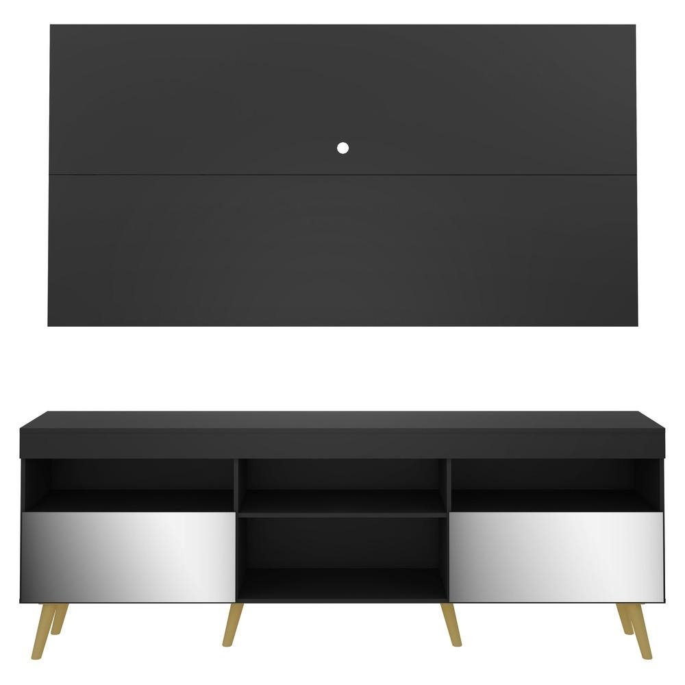 Rack c/ Painel e Suporte TV 65" c/ Espelho e Pes Retro Florida Multimoveis Preto/Natural