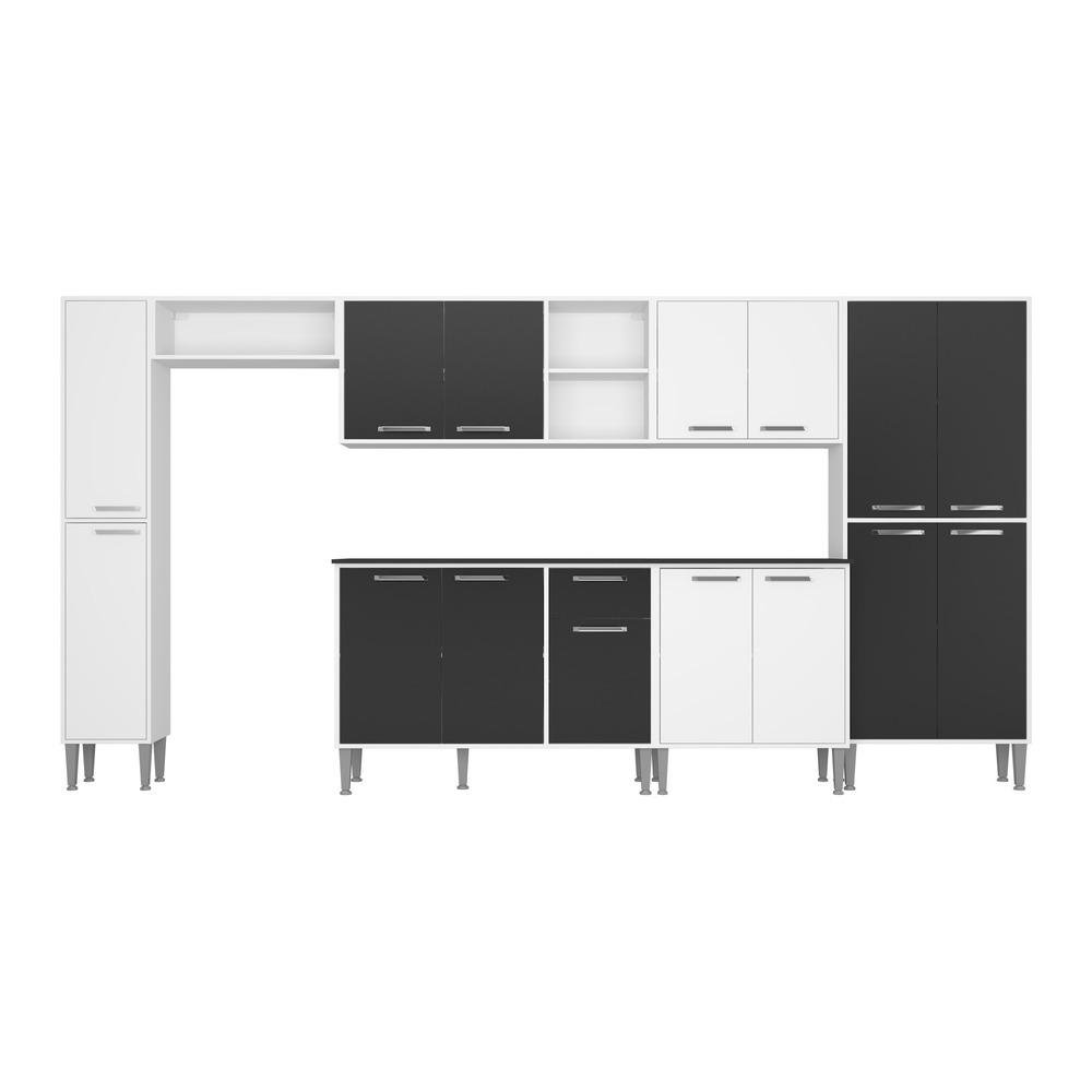 Armario de Cozinha Compacta Balcao c/ Tampo 7 pcs Xangai Blues Multimoveis Branca/Preta