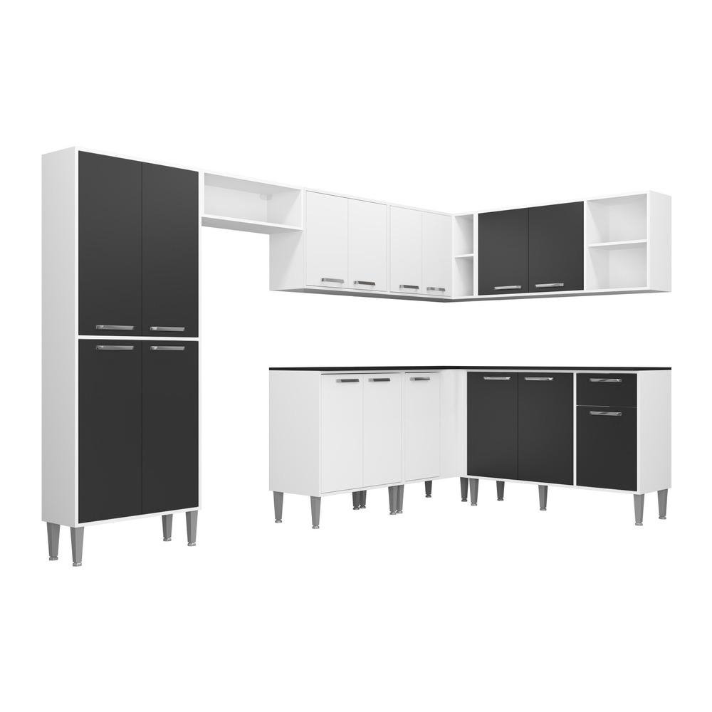 Armario de Cozinha Completa com Tampo 8 pecas Xangai Soul Multimoveis Branca/Preta