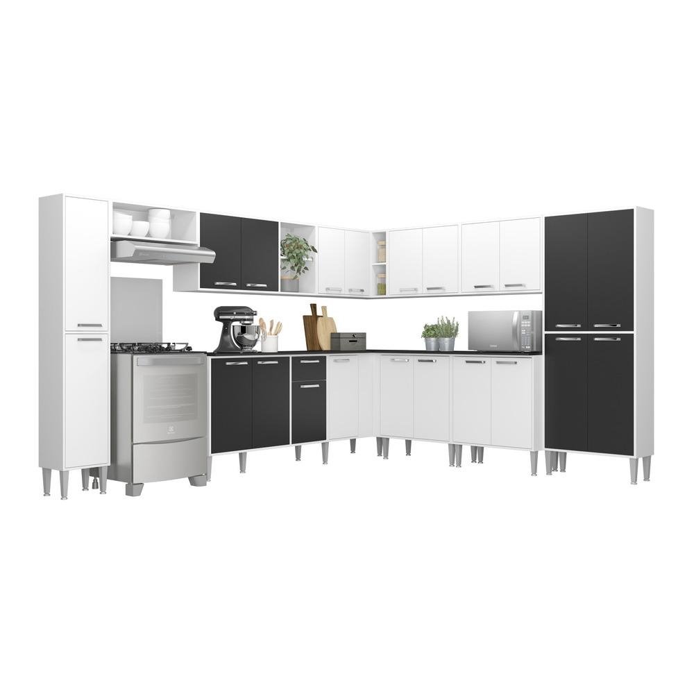 Armario de Cozinha Completa com Tampo 11 pecas Xangai Pop Multimoveis Branca/Preta