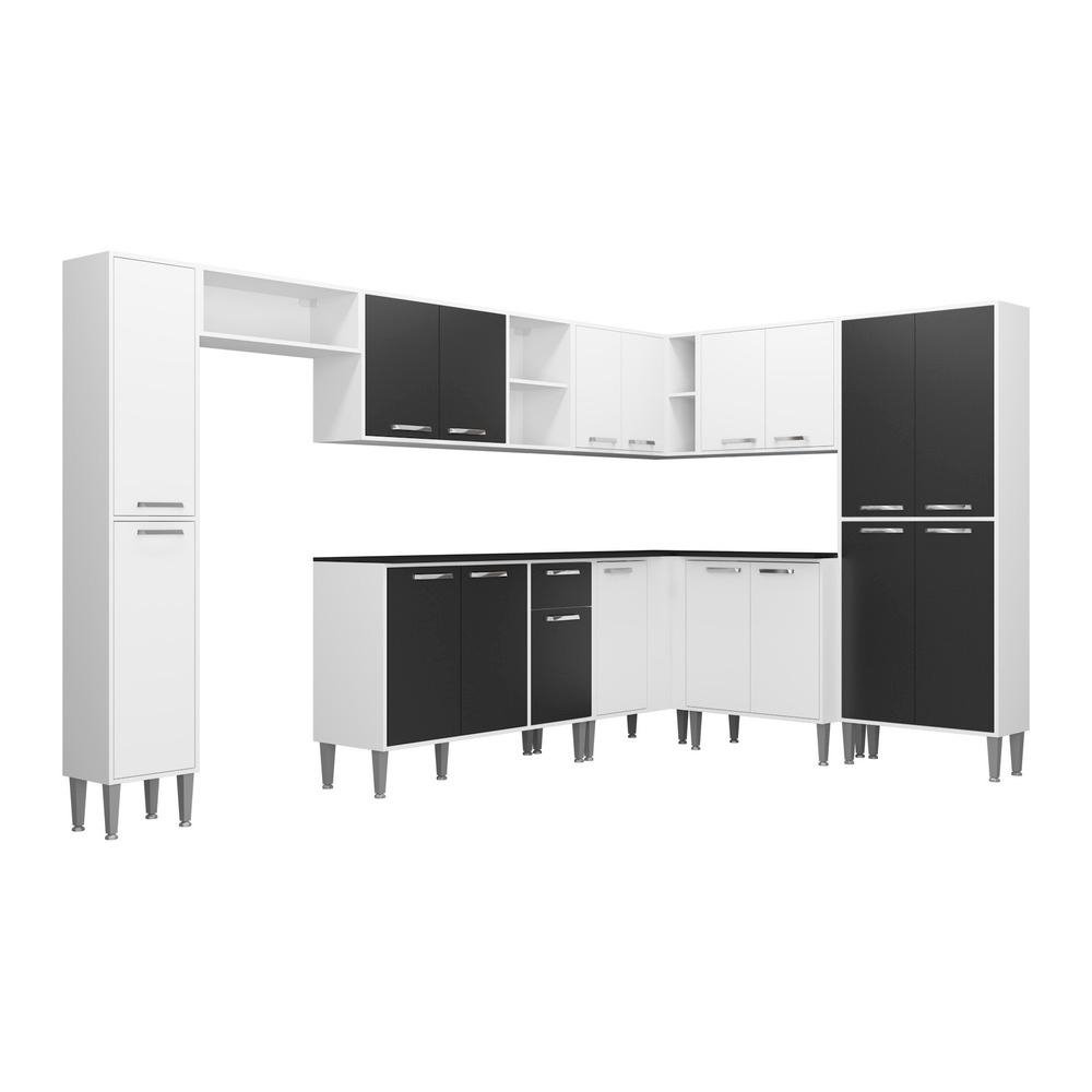 Armario de Cozinha Completa com Tampo 9 pecas Xangai Rock Multimoveis Branca/Preta