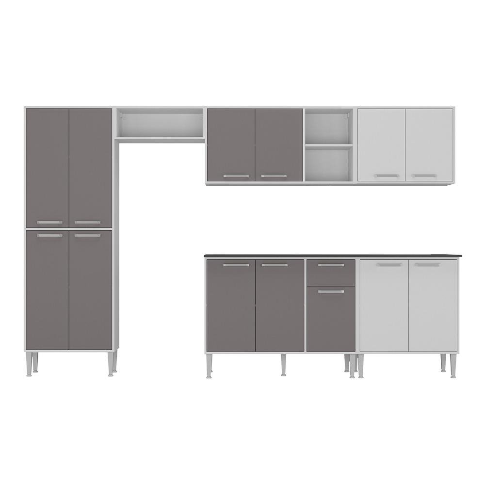 Armario de Cozinha Compacta Balcao c/ Tampo 6 pcs Xangai Jazz Multimoveis Bca/Lca Fume