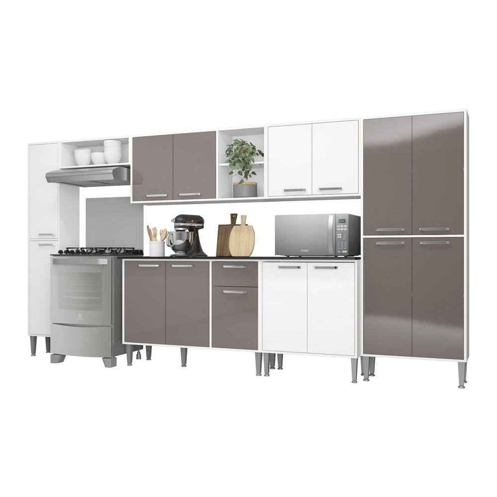 Armario de Cozinha Compacta Balcao c/ Tampo 7 pcs Xangai Blues Multimoveis Bca/Lacca Fume
