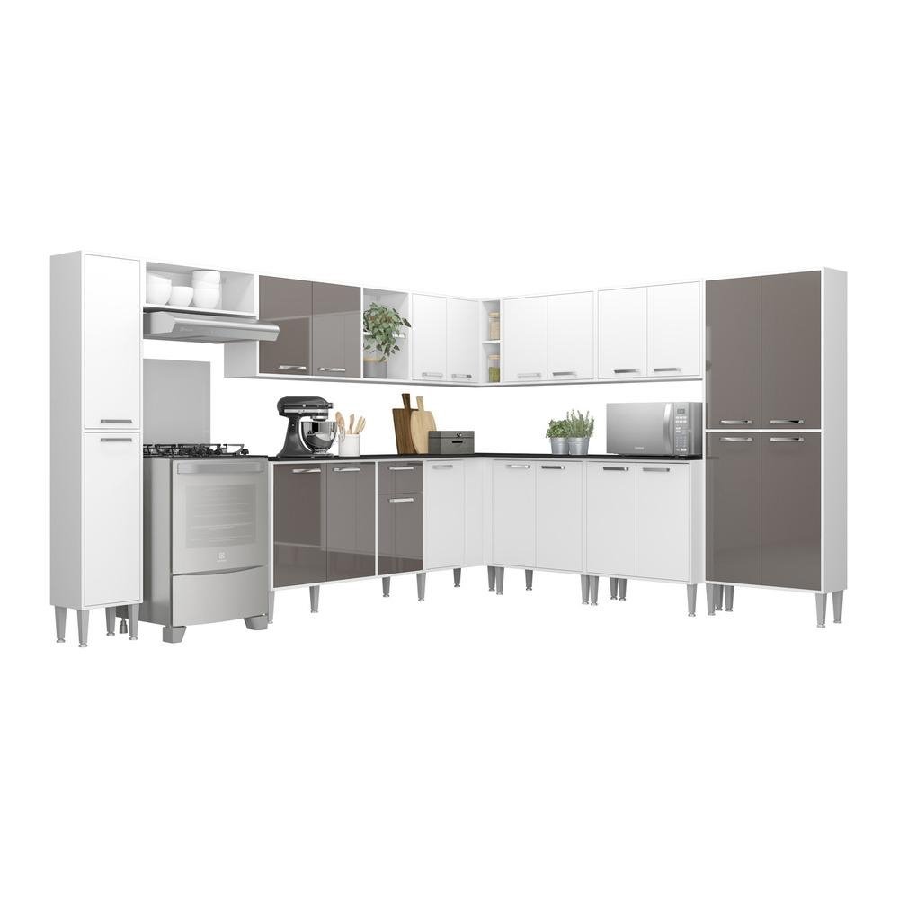 Armario de Cozinha Completa com Tampo 11 pecas Xangai Pop Multimoveis Branca/Lacca Fume