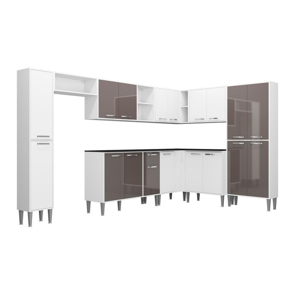 Armario de Cozinha Completa com Tampo 9 pecas Xangai Rock Multimoveis Branca/Lacca Fume