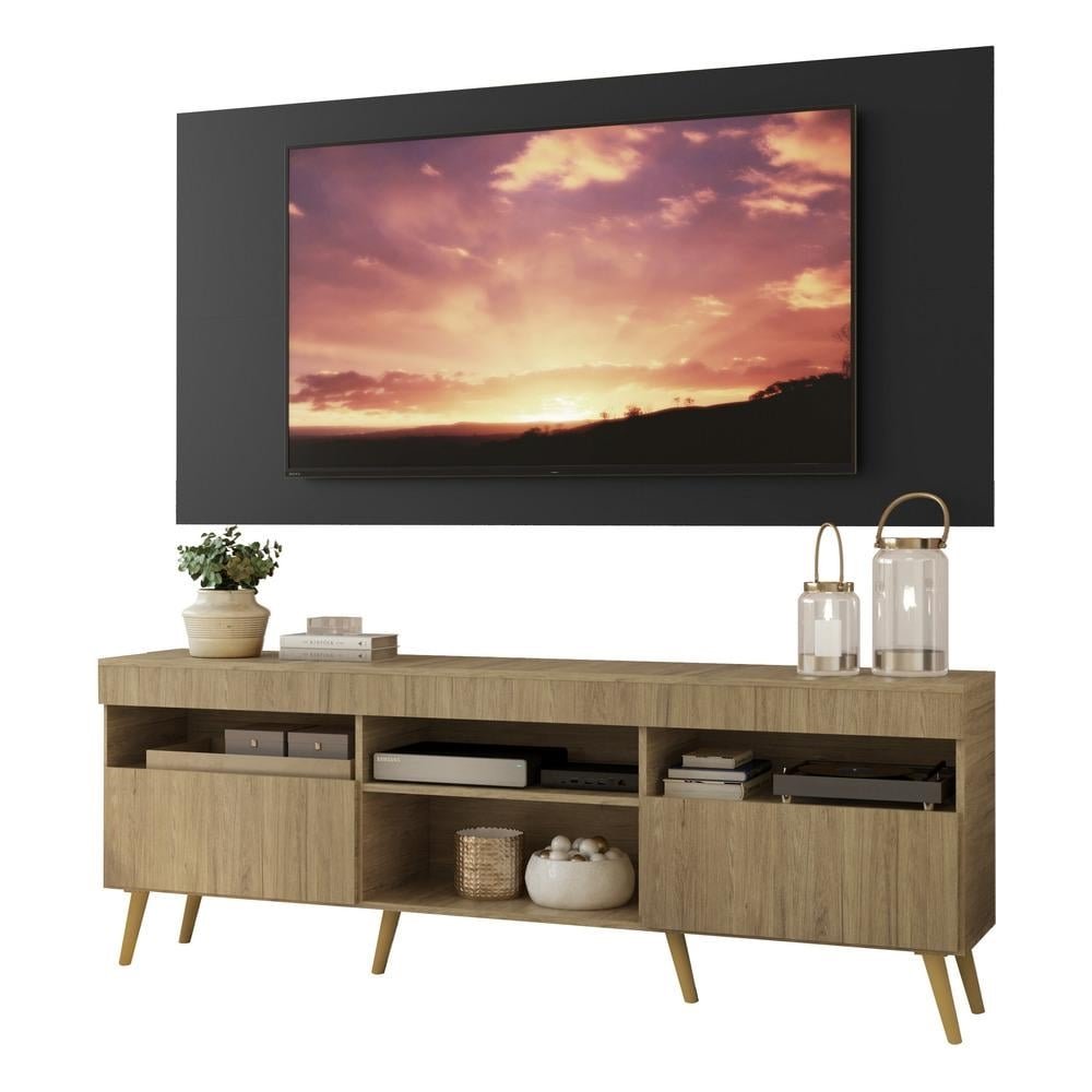 Rack com Painel TV 65" Londres Multimoveis Pes Retro e 2 portas Rustic/Preto/Natural