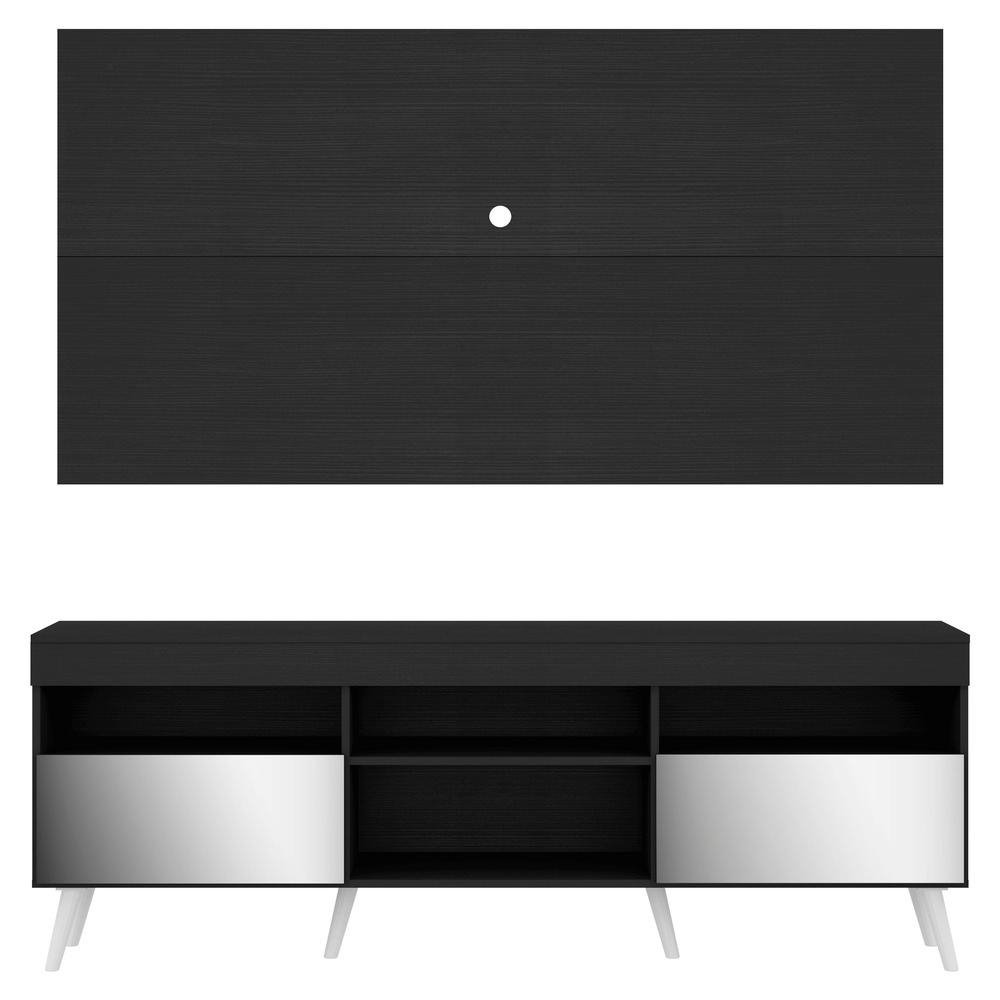 Rack com Espelho, Pes Retro, Painel e Suporte TV 65" com 2 Portas Londres Multimoveis Pret