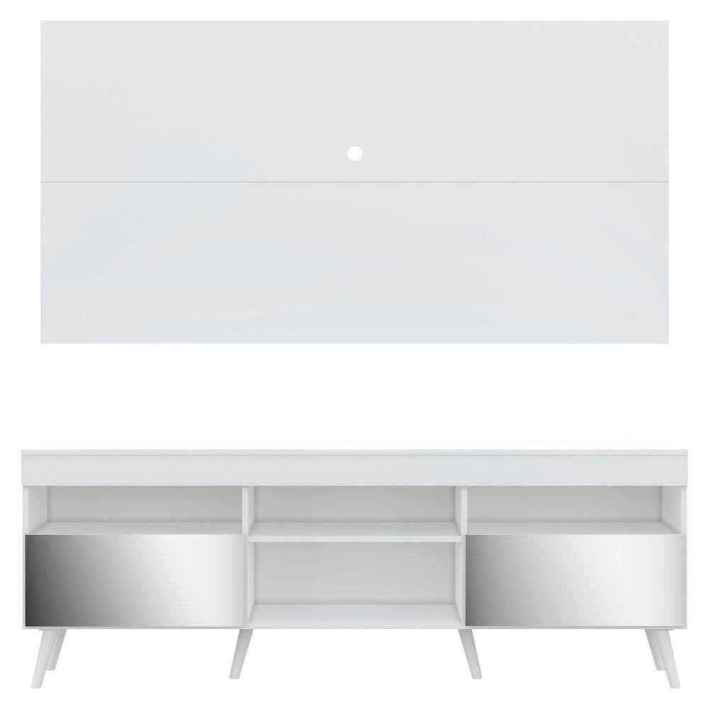Rack com Espelho, Pes Retro, Painel e Suporte TV 65" com 2 Portas Londres Multimoveis Bran