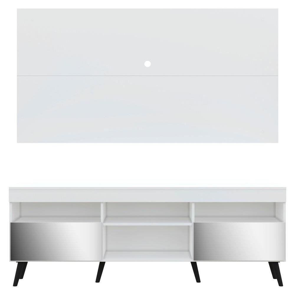 Rack com Espelho, Pes Retro, Painel e Suporte TV 65" com 2 Portas Londres Multimoveis Bran