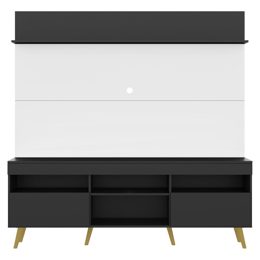 Rack com Painel TV 65" Madri Multimoveis Preto/Branco com Prateleira e Pes Retro Natural