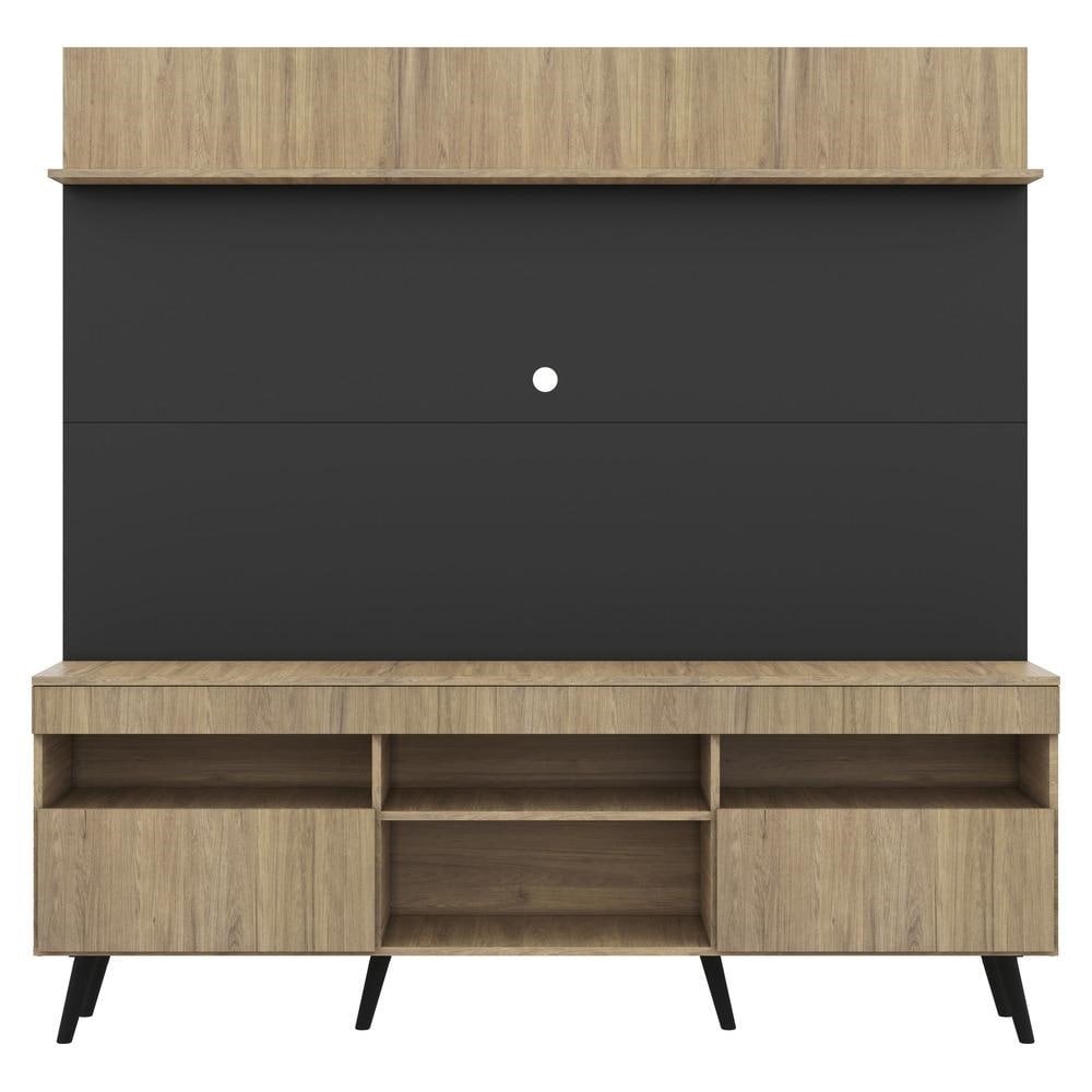 Rack com Painel TV 65" Madri Multimoveis Rustic/Preto com Prateleira e Pes Retro Preto