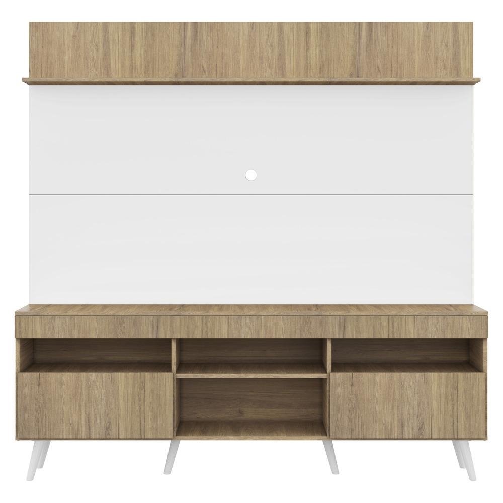 Rack com Painel TV 65" Madri Multimoveis Rustic/Branco com Prateleira e Pes Retro Branco