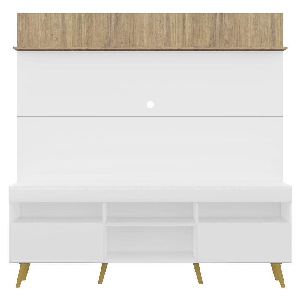 Rack com Painel e Suporte TV 65" Madri Multimoveis Branco/Rustic com Prateleira e Pes Retr