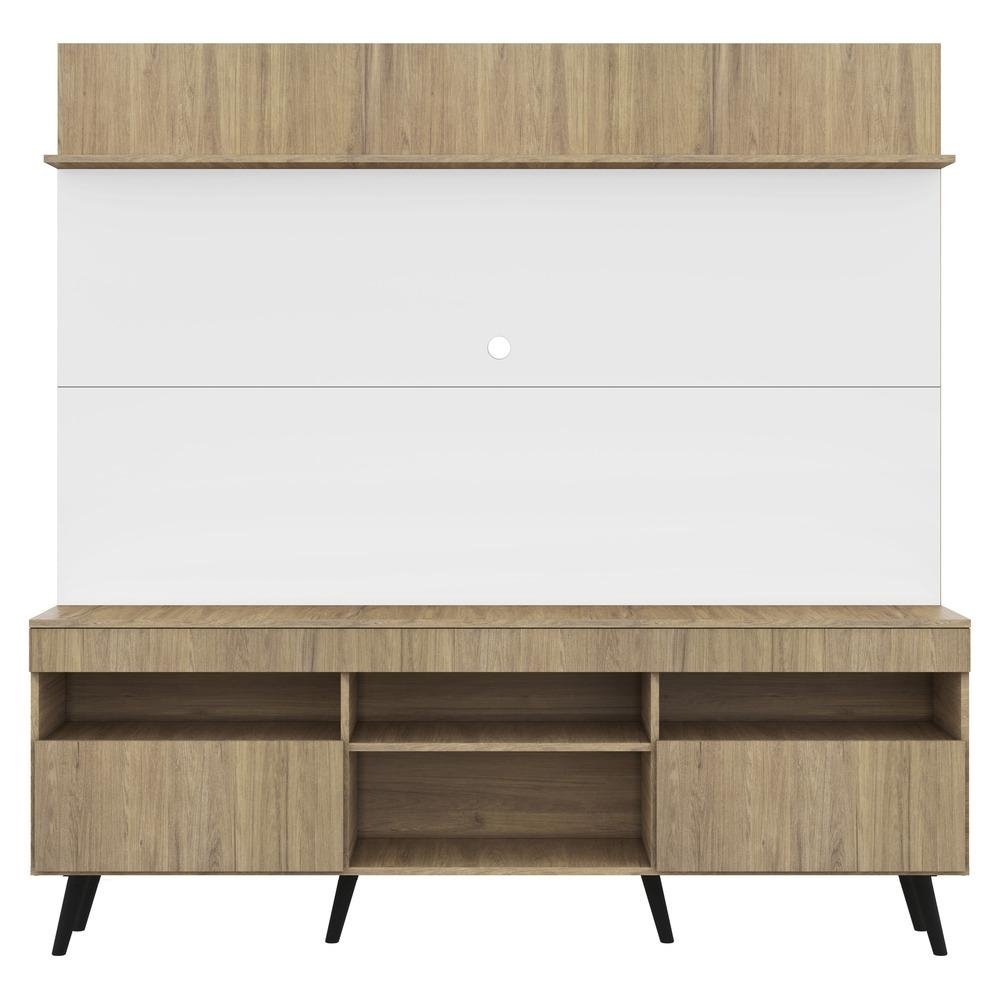 Rack com Painel e Suporte TV 65" Madri Multimoveis Rustic/Branco com Prateleira e Pes Retr