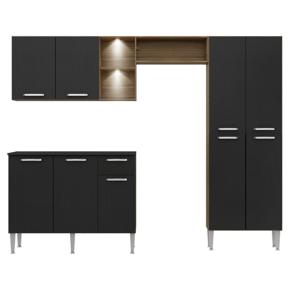 Armario de Cozinha Compacta c/ 2 Leds Balcao c/ Tampo 3 pc Pequim Multimoveis Madeirado/Pt