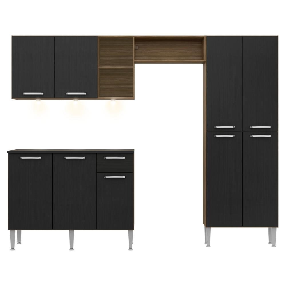 Armario de Cozinha Compacta c/ 3 Leds Balcao c/ Tampo 3 pc Pequim Multimoveis Madeirado/Pt