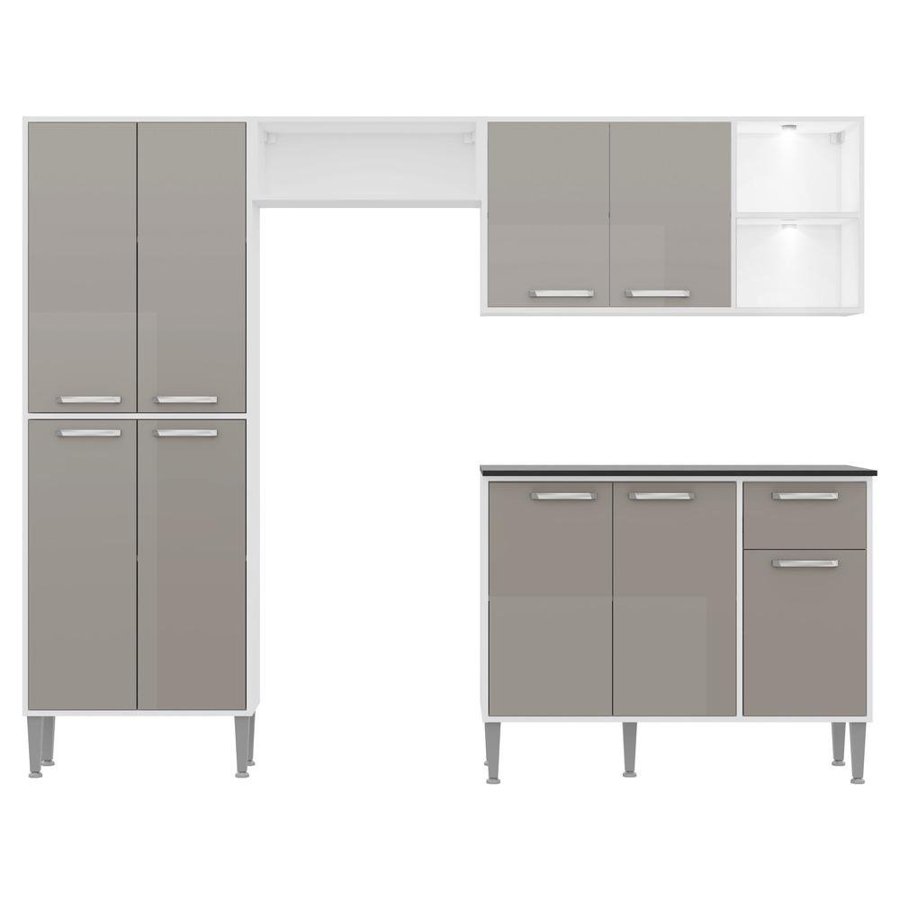 Armario de Cozinha Compacta c/ 2 Leds Balcao c/ Tampo 4 pcs Xangai Multimoveis Bca/Lca Fum