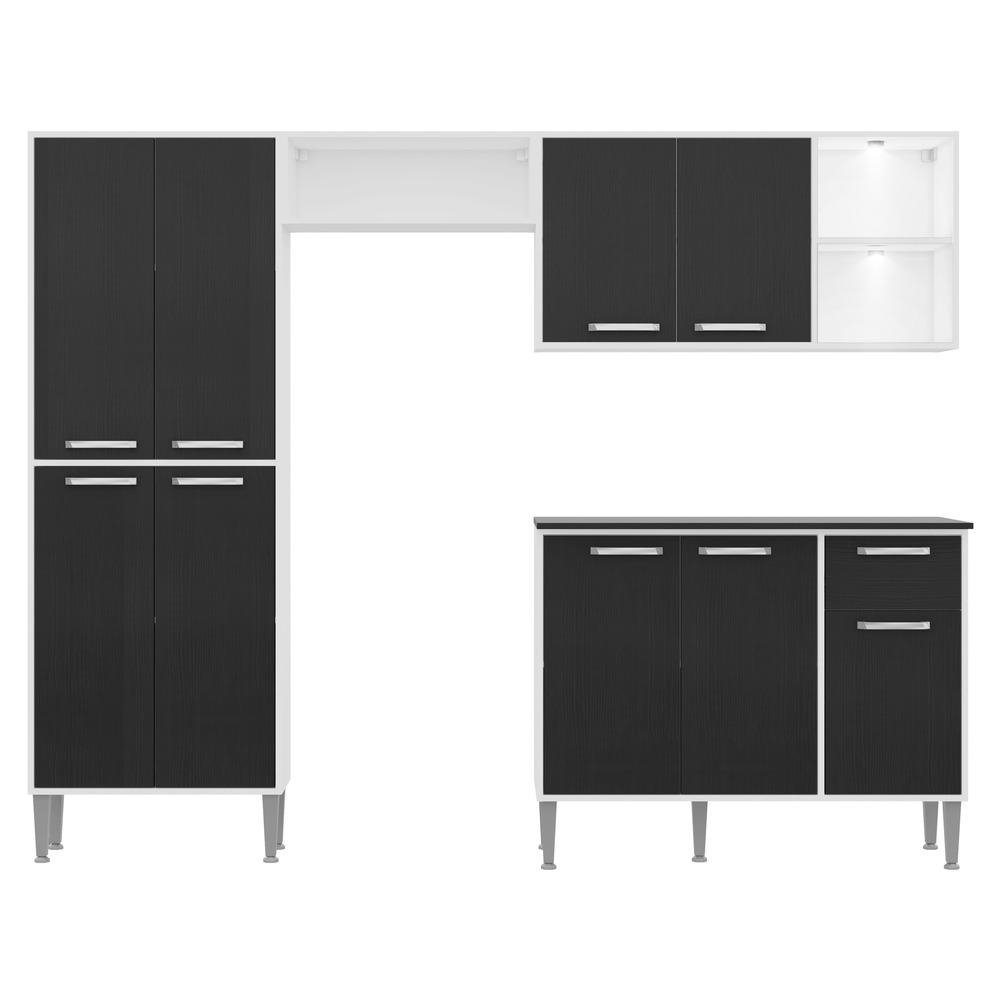 Armario de Cozinha Compacta c/ 2 Leds Balcao c/ Tampo 4 pcs Xangai Multimoveis Branca/Pret